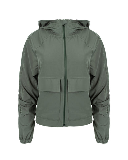 Gizli İç Cepli Kapüşonlu İnce Rüzgarlık - Haki