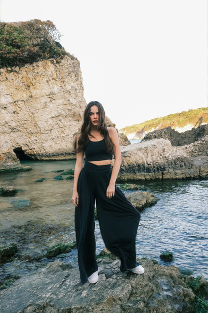 Kruvaze Bel Detaylı Modal Kumaşlı Pileli Aktif Pantolon - Siyah