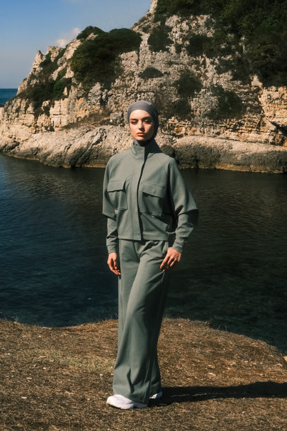 Dik Yakalı Pamuk Kumaşlı Ceket - Yeşil