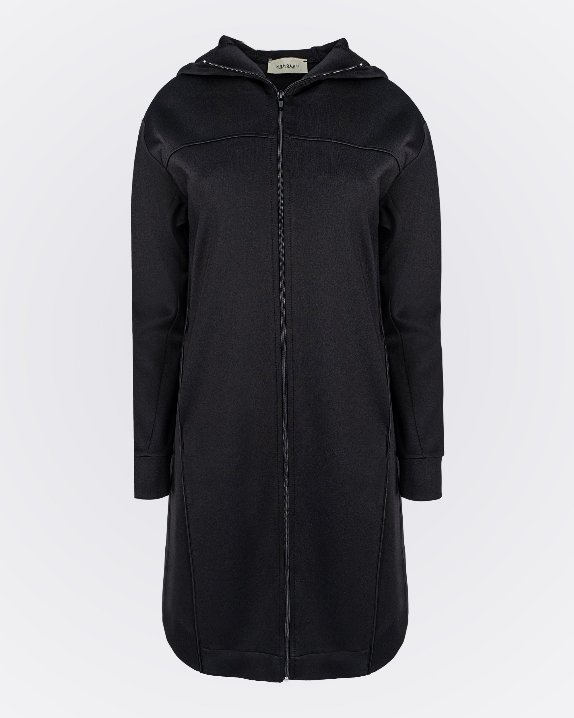 Fermuarlı Kapüşonlu Uzun Scuba Ceket - Siyah