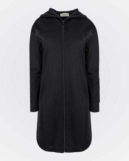 Fermuarlı Kapüşonlu Uzun Scuba Ceket - Siyah