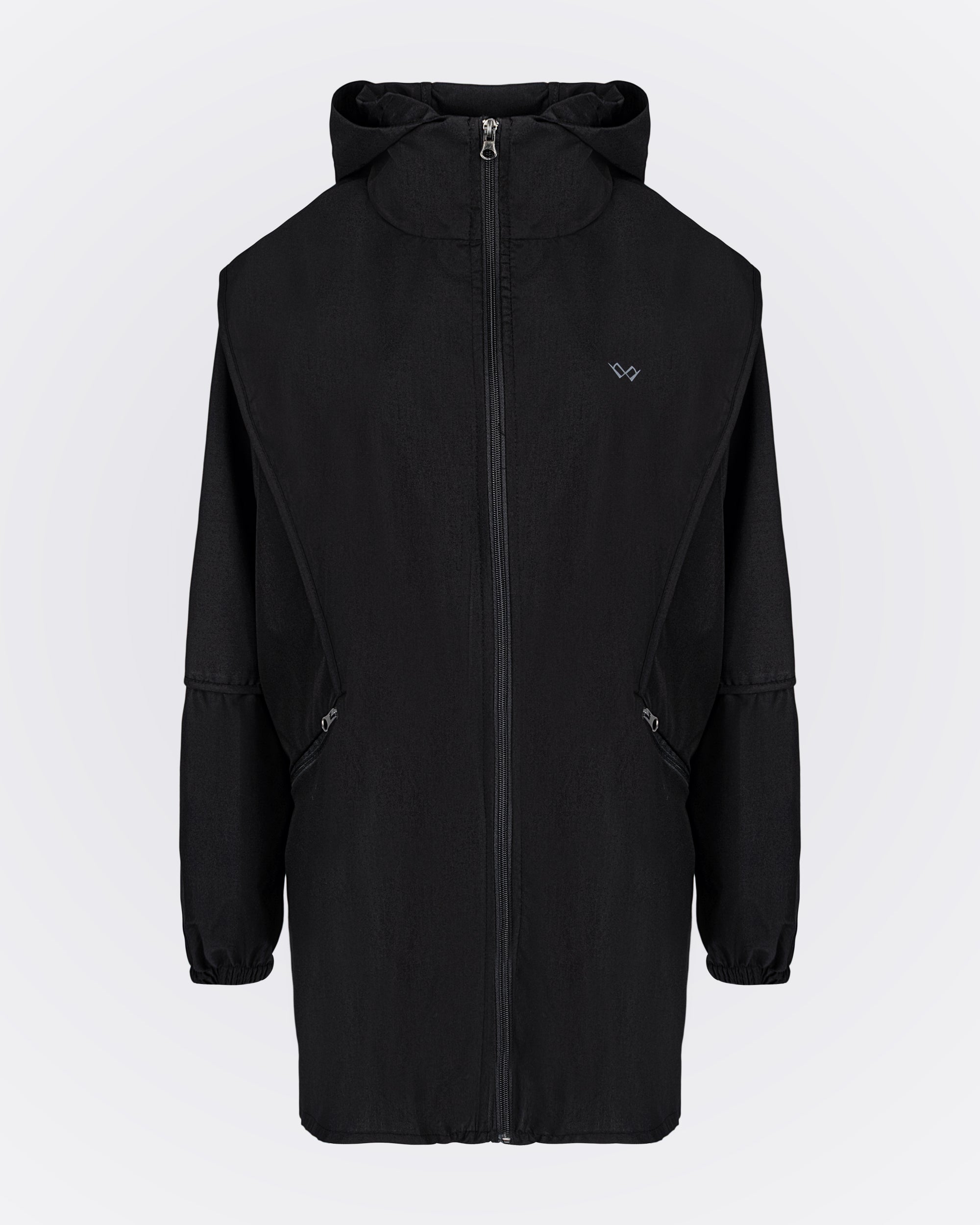 Kapüşonlu Fermuarlı Uzun Rüzgarlık - Siyah