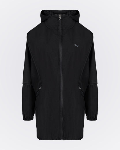 Kapüşonlu Fermuarlı Uzun Rüzgarlık - Siyah