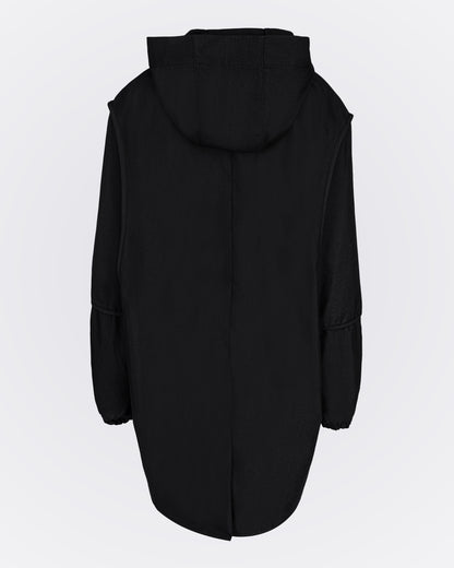 Kapüşonlu Fermuarlı Uzun Rüzgarlık - Siyah