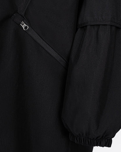 Kapüşonlu Fermuarlı Uzun Rüzgarlık - Siyah