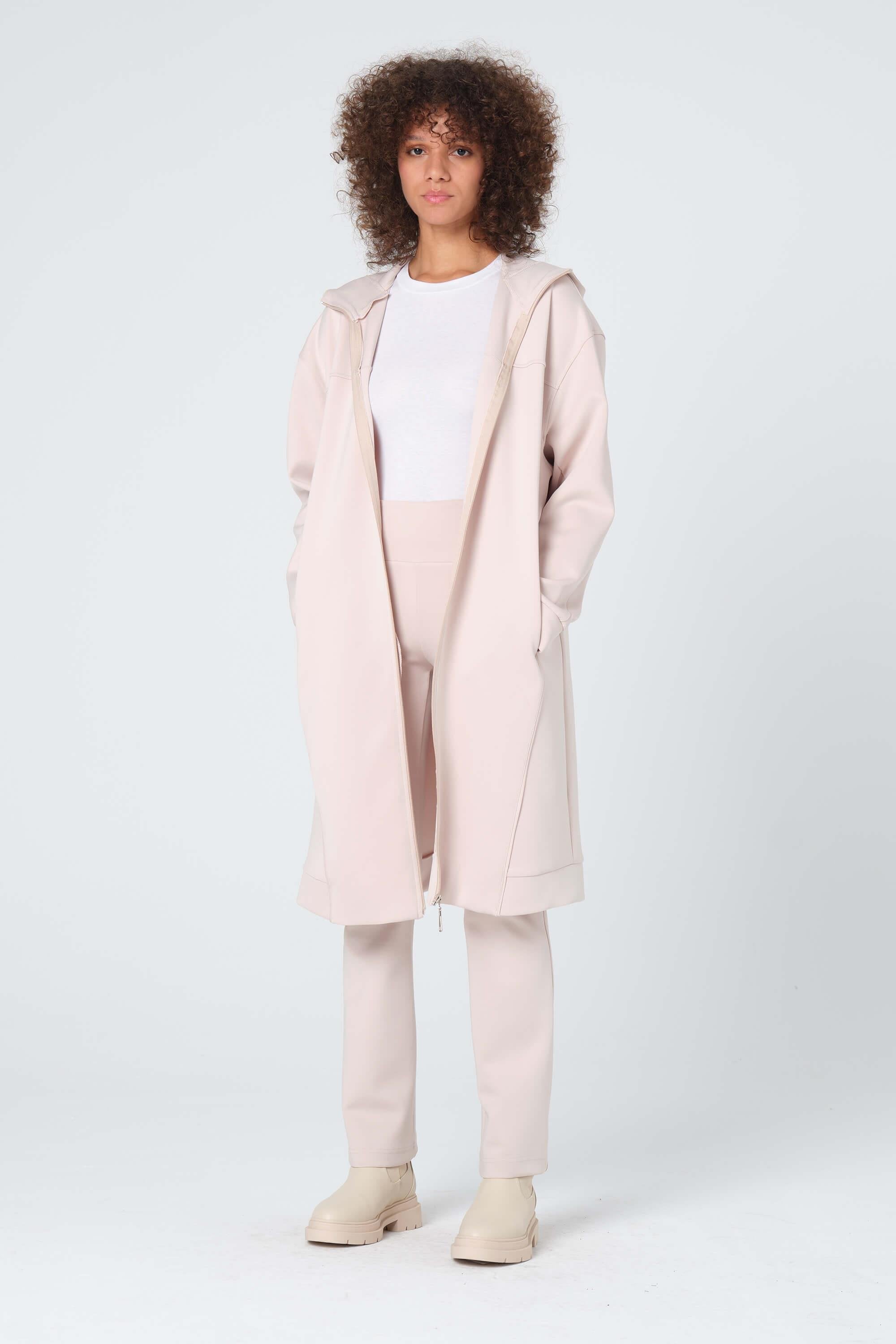 Fermuarlı Scuba Uzun Ceket - Bej