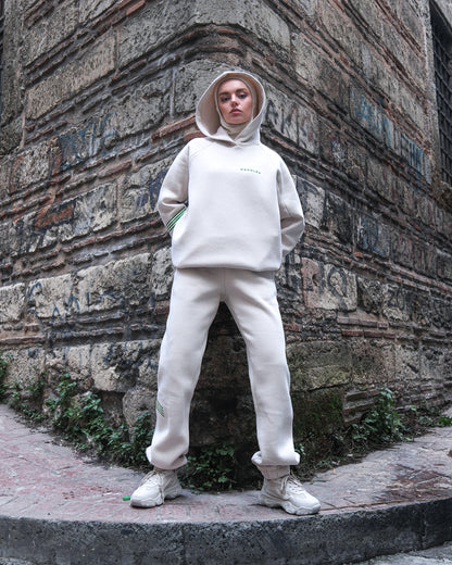 Kendinden Boneli ve Kapüşonlu Pamuk Kumaşlı Sweat - Bej