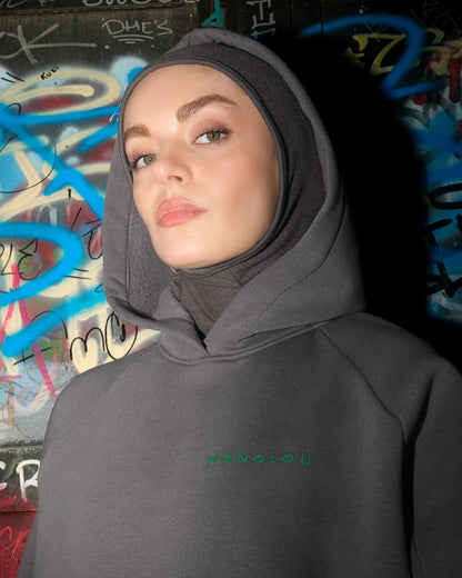 Kendinden Boneli ve Kapüşonlu Pamuk Kumaşlı Sweat - Antrasit